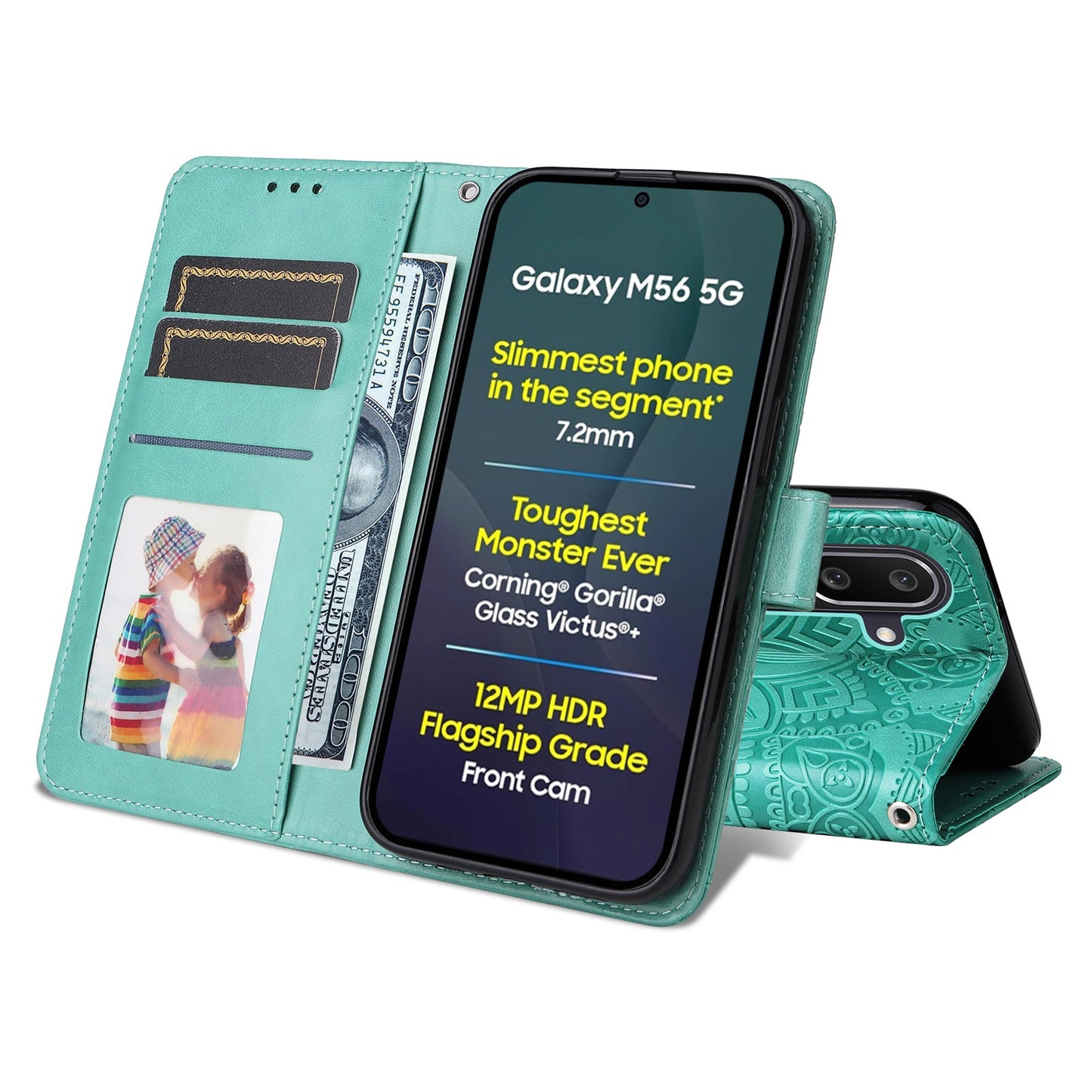 For Samsung Galaxy M56 5G Case Sunflower Imprint Leather Wallet Phone Cover - Green