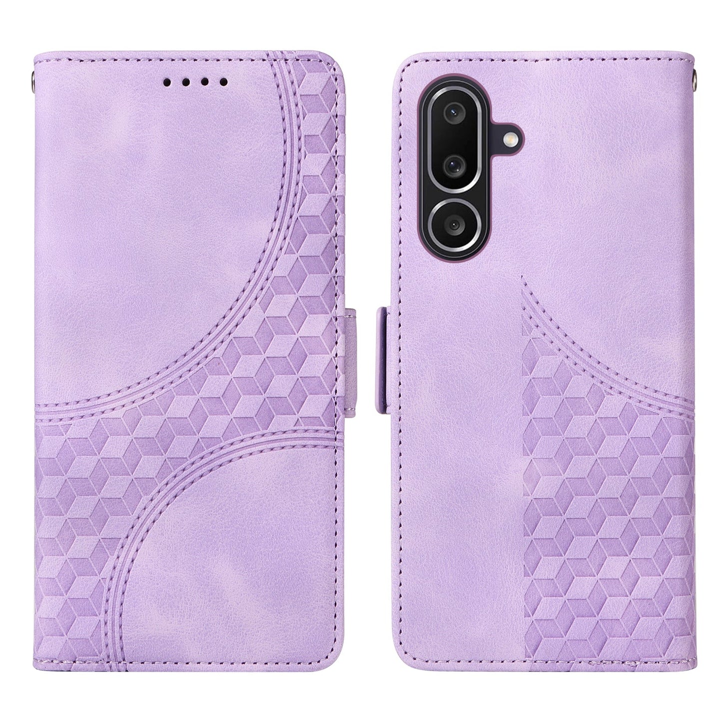 For Samsung Galaxy M56 5G Leather Cases Wallet Rhombus Imprinted Phone Cover Stand with Strap - Purple