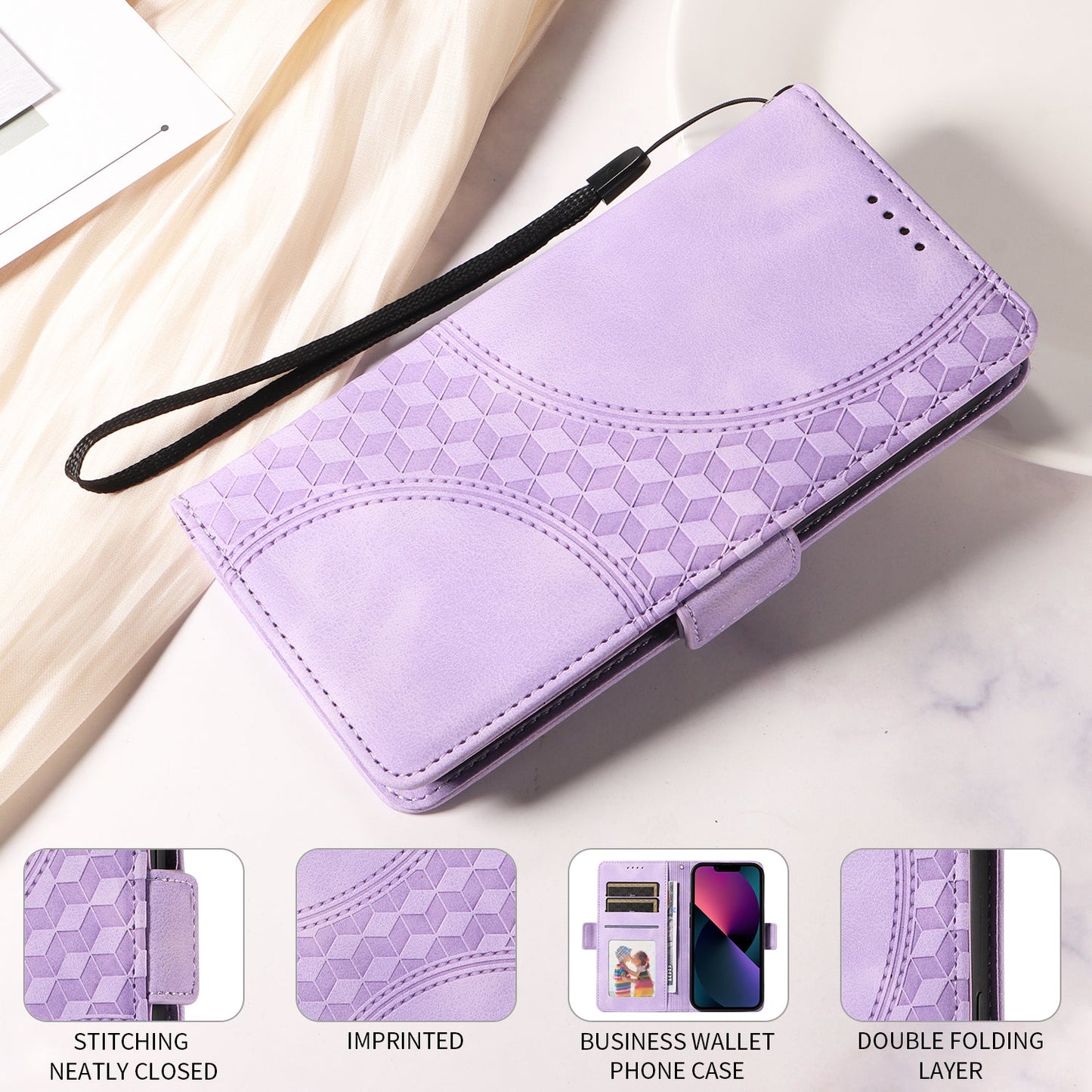 For Samsung Galaxy M56 5G Leather Cases Wallet Rhombus Imprinted Phone Cover Stand with Strap - Purple