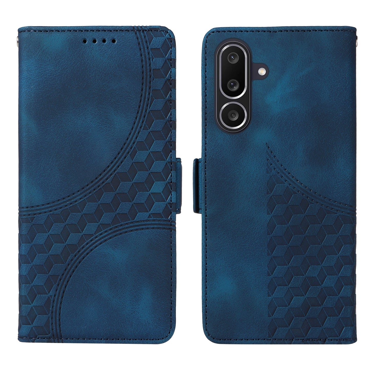 For Samsung Galaxy M56 5G Leather Cases Wallet Rhombus Imprinted Phone Cover Stand with Strap - Blue
