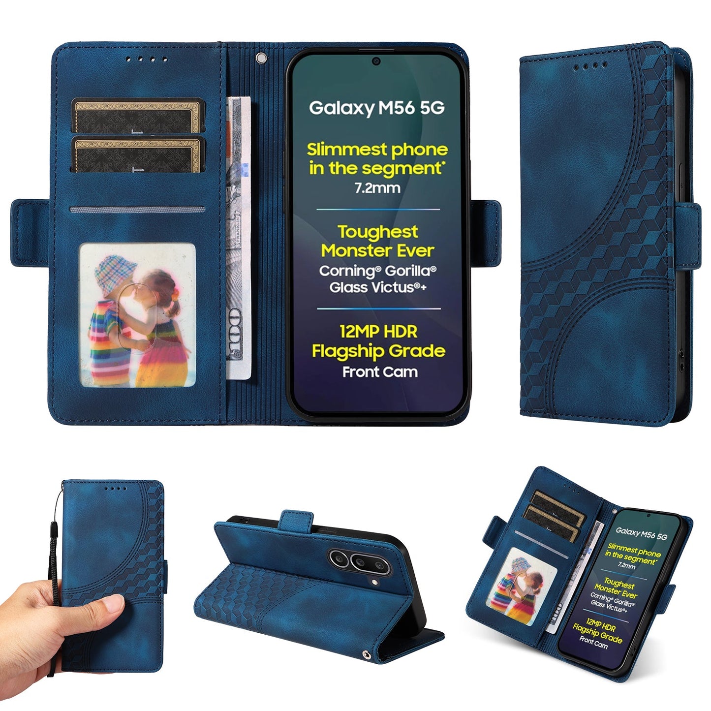For Samsung Galaxy M56 5G Leather Cases Wallet Rhombus Imprinted Phone Cover Stand with Strap - Blue
