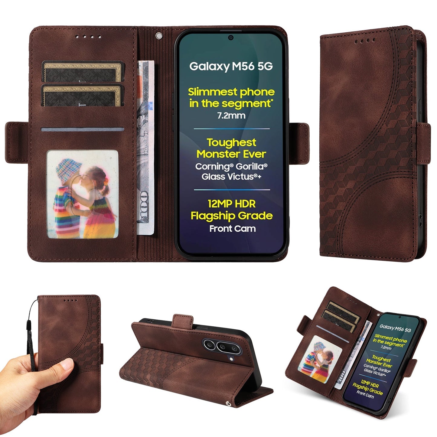 For Samsung Galaxy M56 5G Leather Cases Wallet Rhombus Imprinted Phone Cover Stand with Strap - Brown