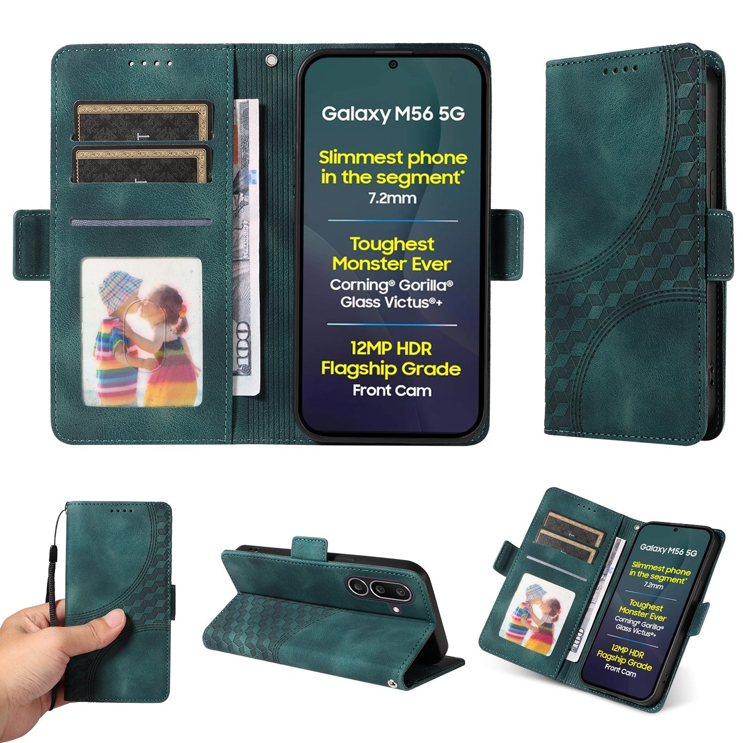 For Samsung Galaxy M56 5G Leather Cases Wallet Rhombus Imprinted Phone Cover Stand with Strap - Green