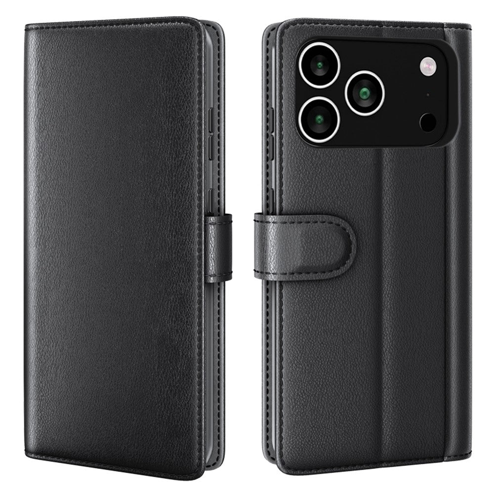 For iPhone 17 Pro Max Case Genuine Split Leather Wallet Stand Phone Cover - Black