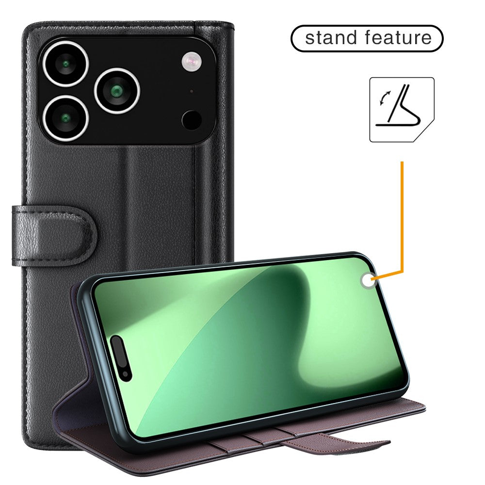 For iPhone 17 Pro Max Case Genuine Split Leather Wallet Stand Phone Cover - Black