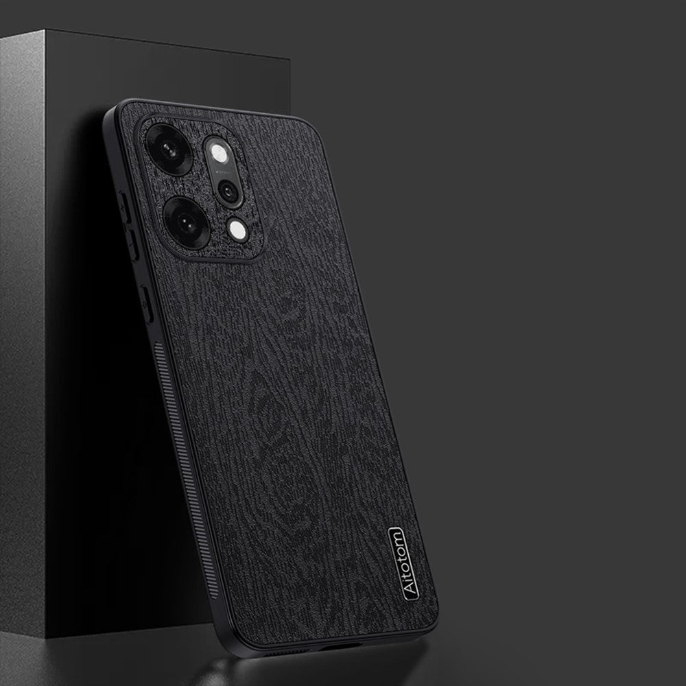For Oppo Reno14 Pro 5G (Global) Case Wood Texture PU Leather Coated PC TPU Phone Cover - Black