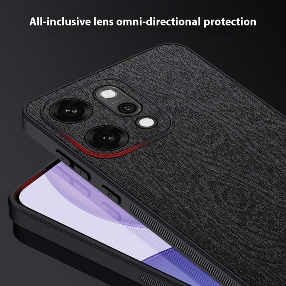 For Oppo Reno14 5G (Global) Case Wood Texture PU Leather Coated PC TPU Phone Cover - Black