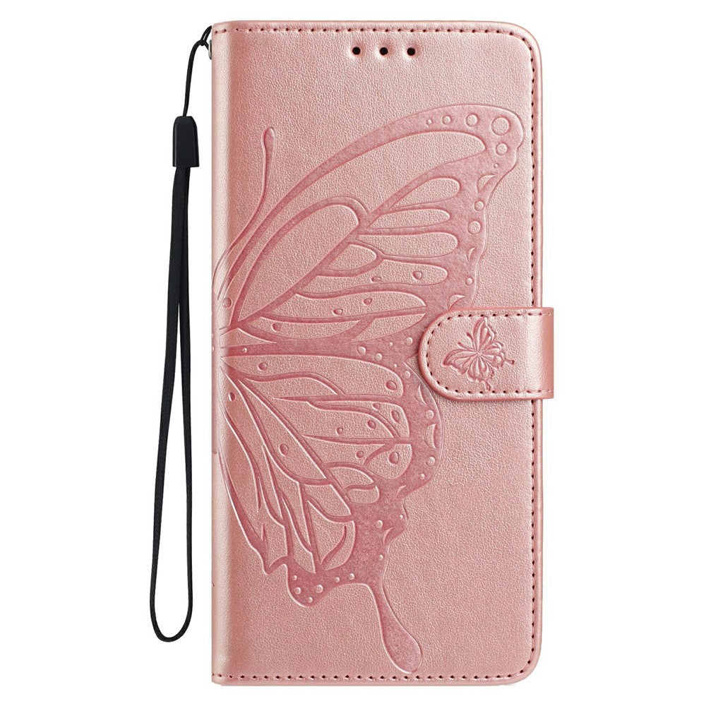 For iPhone 17 Pro Max Case Butterfly Imprinted Wallet Stand PU Leather Flip Phone Cover with Strap - Rose Gold