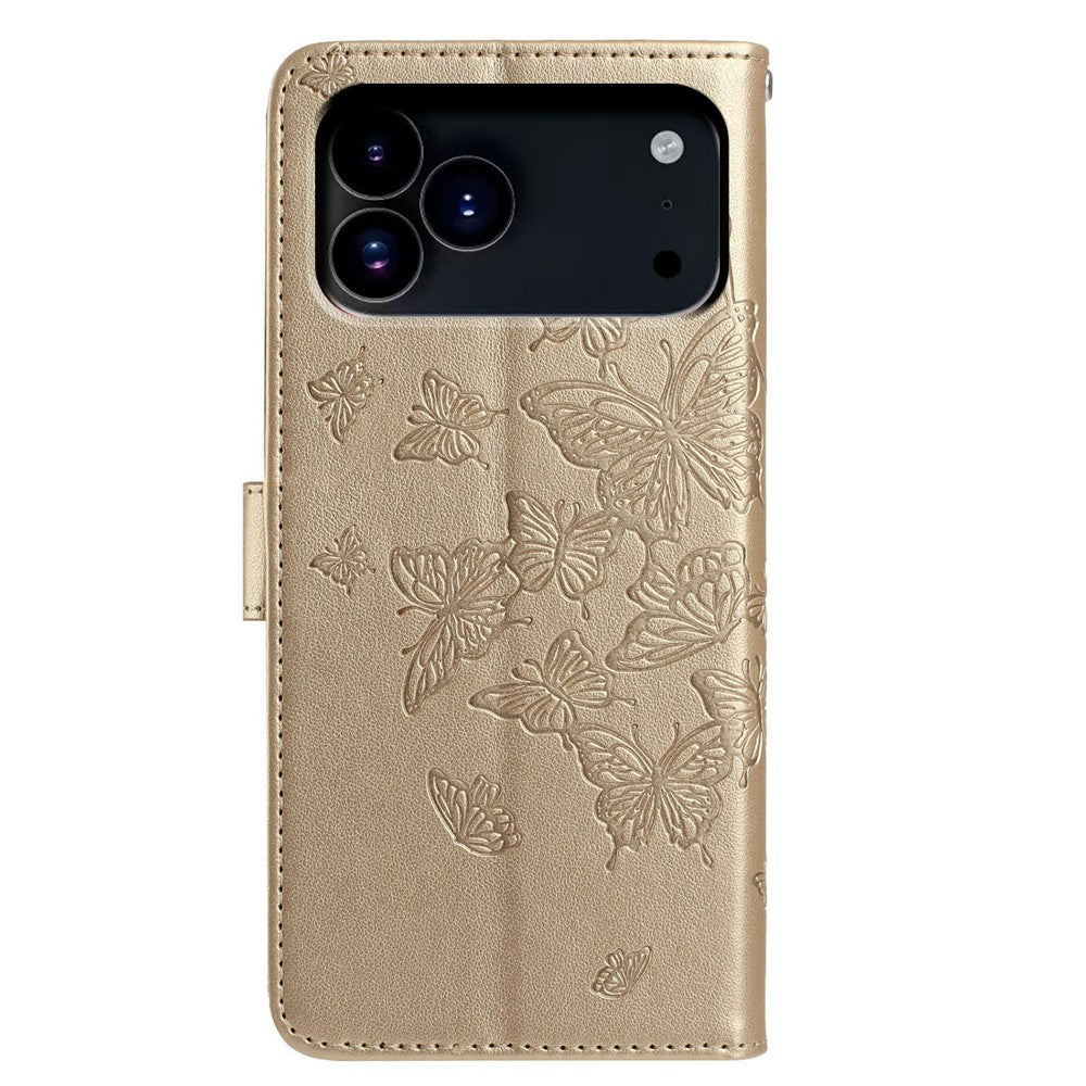 For iPhone 17 Pro Max Case Butterfly Imprinted Wallet Stand PU Leather Flip Phone Cover with Strap - Gold