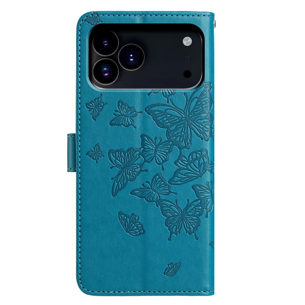 For iPhone 17 Pro Max Case Butterfly Imprinted Wallet Stand PU Leather Flip Phone Cover with Strap - Blue