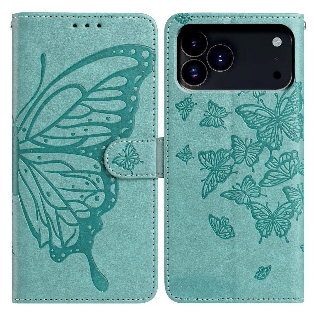 For iPhone 17 Pro Max Case Butterfly Imprinted Wallet Stand PU Leather Flip Phone Cover with Strap - Green