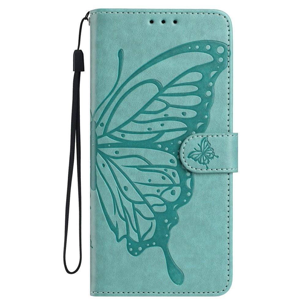For iPhone 17 Pro Max Case Butterfly Imprinted Wallet Stand PU Leather Flip Phone Cover with Strap - Green