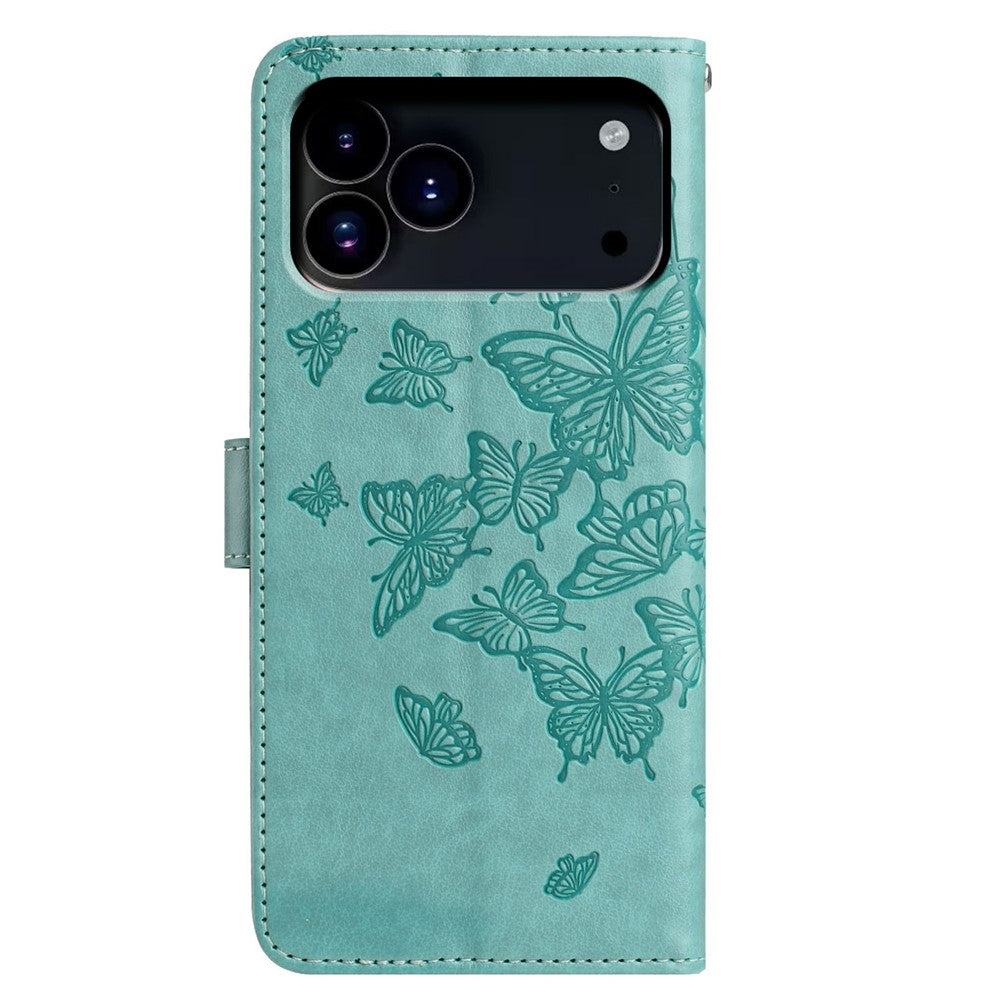 For iPhone 17 Pro Max Case Butterfly Imprinted Wallet Stand PU Leather Flip Phone Cover with Strap - Green