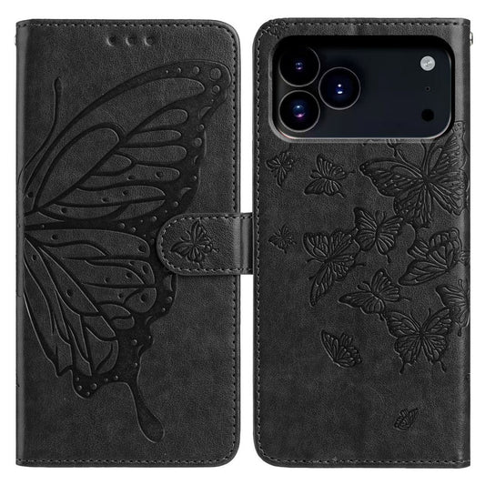 For iPhone 17 Pro Max Case Butterfly Imprinted Wallet Stand PU Leather Flip Phone Cover with Strap - Black
