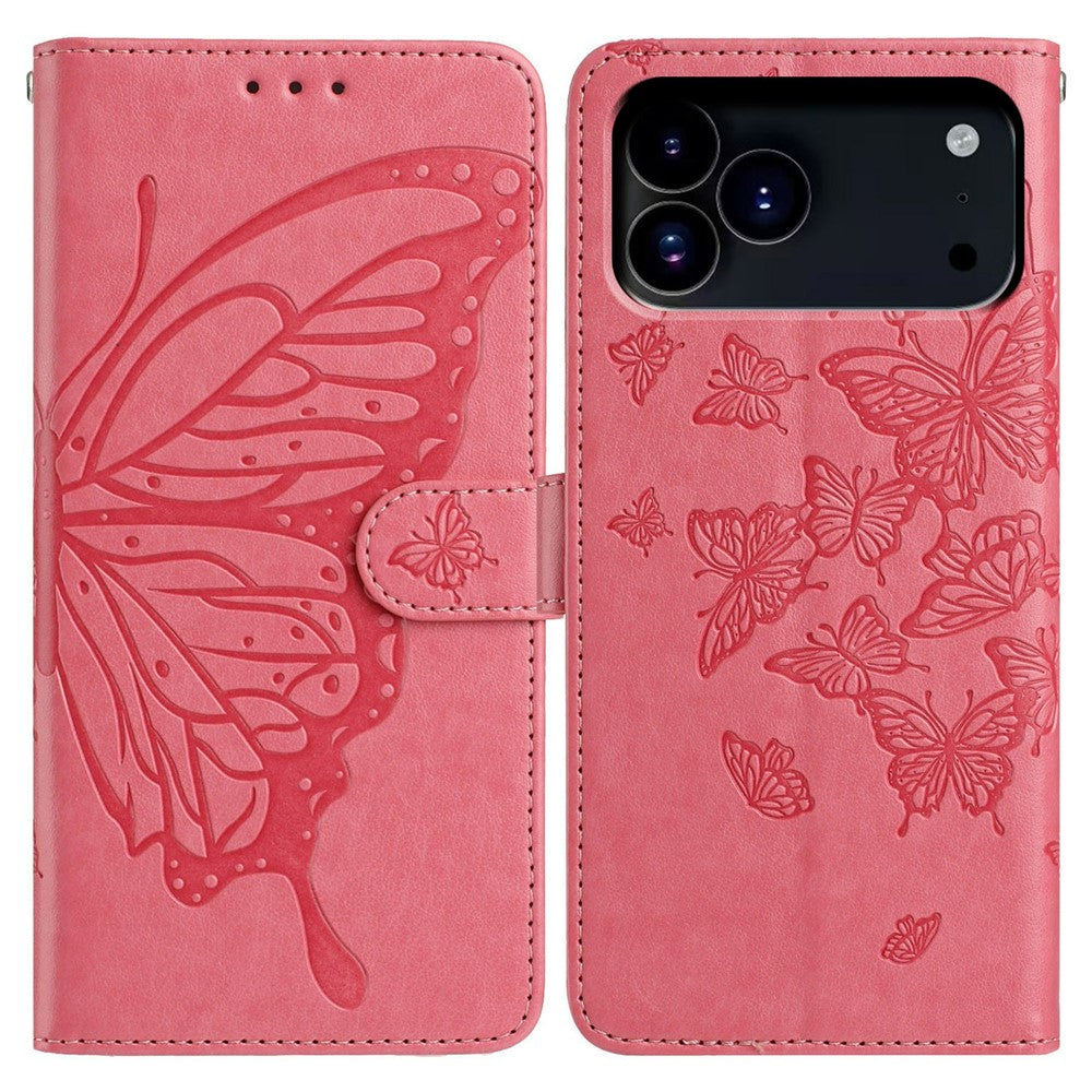 For iPhone 17 Pro Max Case Butterfly Imprinted Wallet Stand PU Leather Flip Phone Cover with Strap - Rose