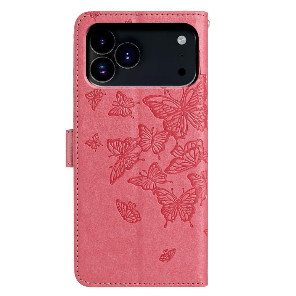 For iPhone 17 Pro Max Case Butterfly Imprinted Wallet Stand PU Leather Flip Phone Cover with Strap - Rose