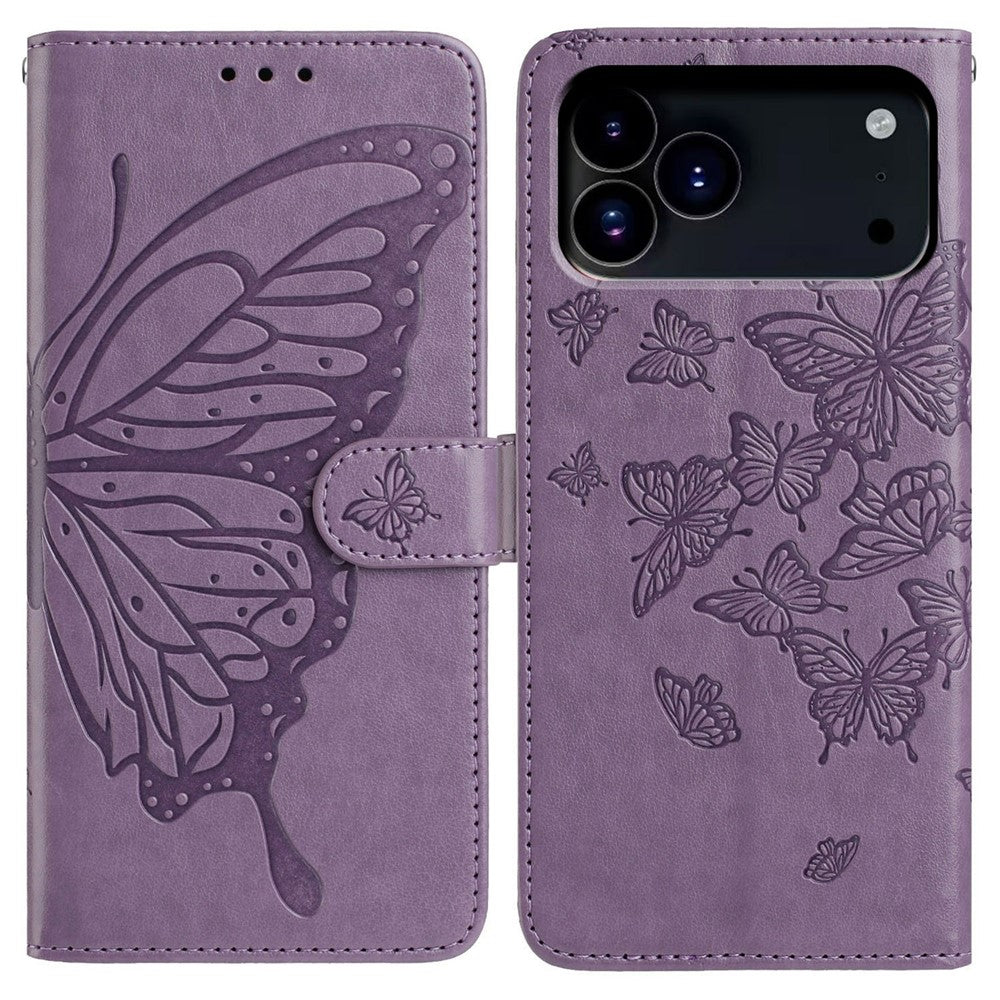 For iPhone 17 Pro Max Case Butterfly Imprinted Wallet Stand PU Leather Flip Phone Cover with Strap - Purple