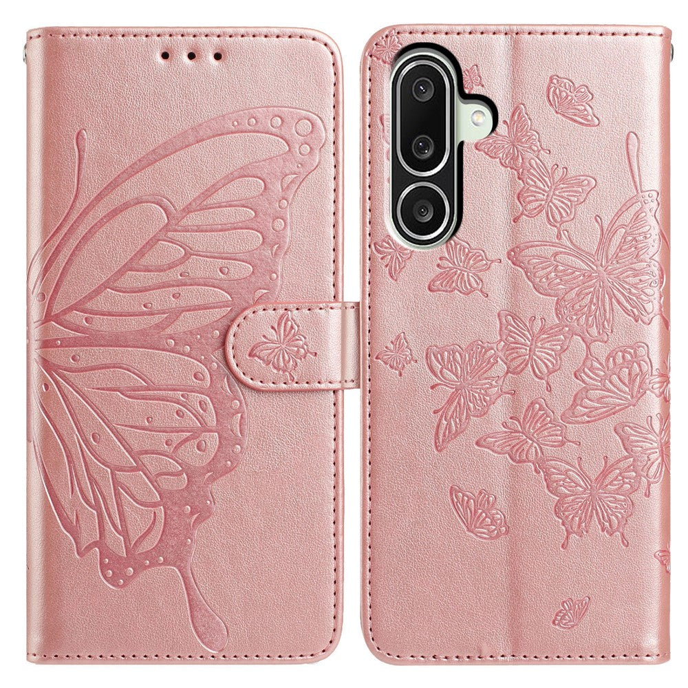 For Samsung Galaxy M56 5G Case Butterfly Imprinted Wallet Stand PU Leather Flip Phone Cover with Strap - Rose Gold