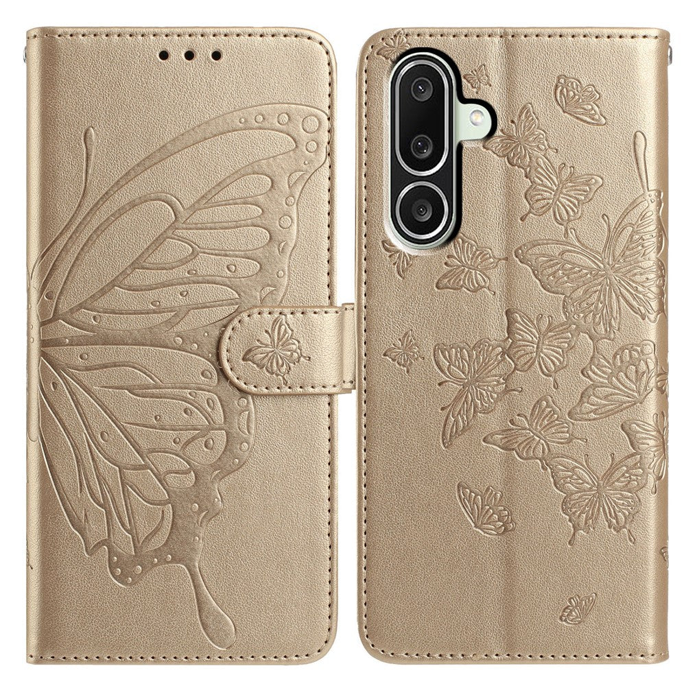 For Samsung Galaxy M56 5G Case Butterfly Imprinted Wallet Stand PU Leather Flip Phone Cover with Strap - Gold