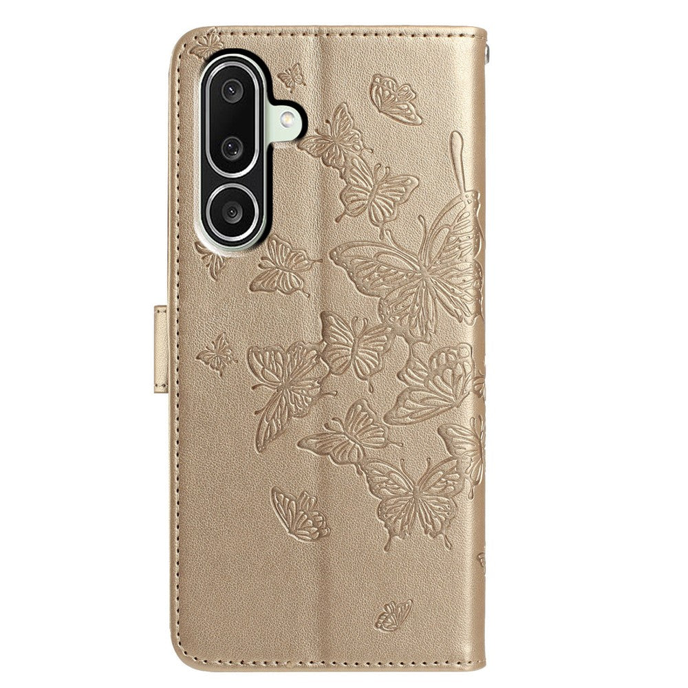 For Samsung Galaxy M56 5G Case Butterfly Imprinted Wallet Stand PU Leather Flip Phone Cover with Strap - Gold