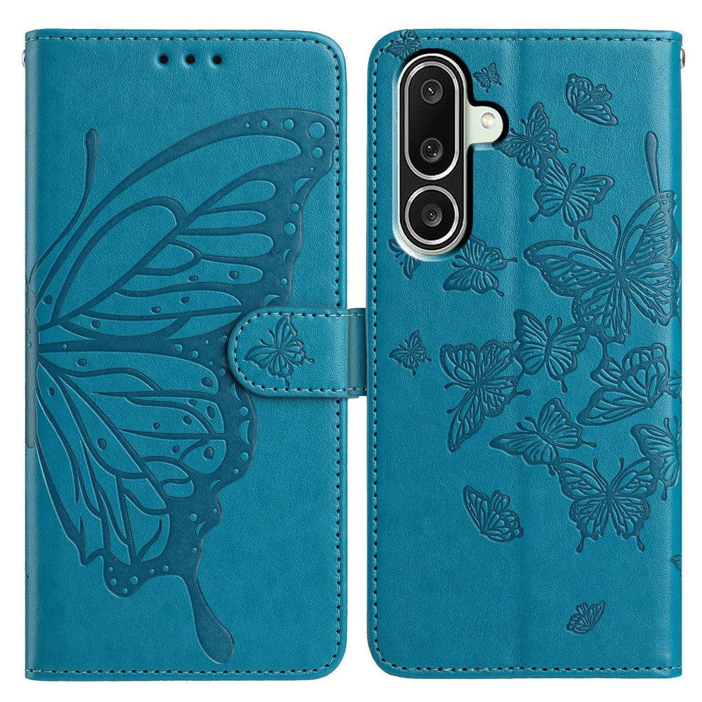 For Samsung Galaxy M56 5G Case Butterfly Imprinted Wallet Stand PU Leather Flip Phone Cover with Strap - Blue