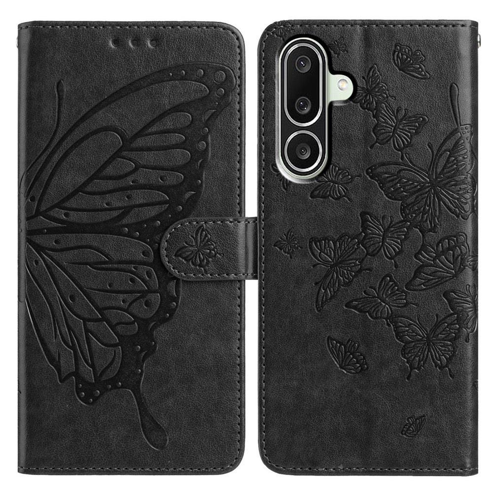 For Samsung Galaxy M56 5G Case Butterfly Imprinted Wallet Stand PU Leather Flip Phone Cover with Strap - Black