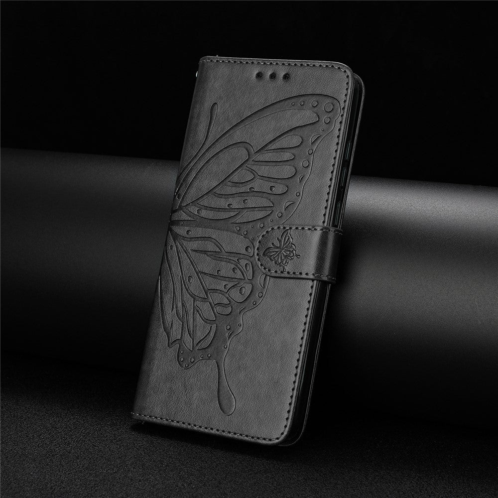 For Samsung Galaxy M56 5G Case Butterfly Imprinted Wallet Stand PU Leather Flip Phone Cover with Strap - Black