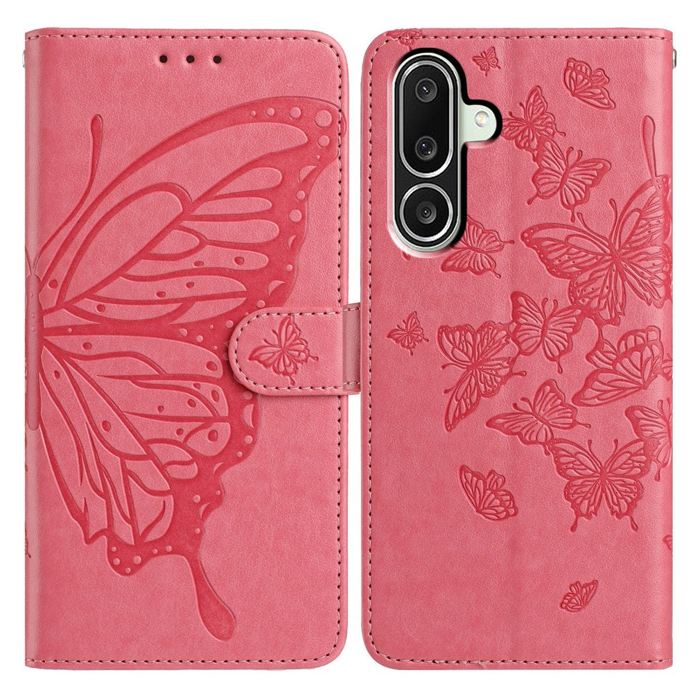 For Samsung Galaxy M56 5G Case Butterfly Imprinted Wallet Stand PU Leather Flip Phone Cover with Strap - Rose