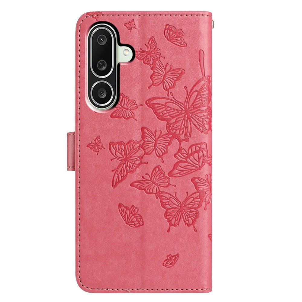 For Samsung Galaxy M56 5G Case Butterfly Imprinted Wallet Stand PU Leather Flip Phone Cover with Strap - Rose