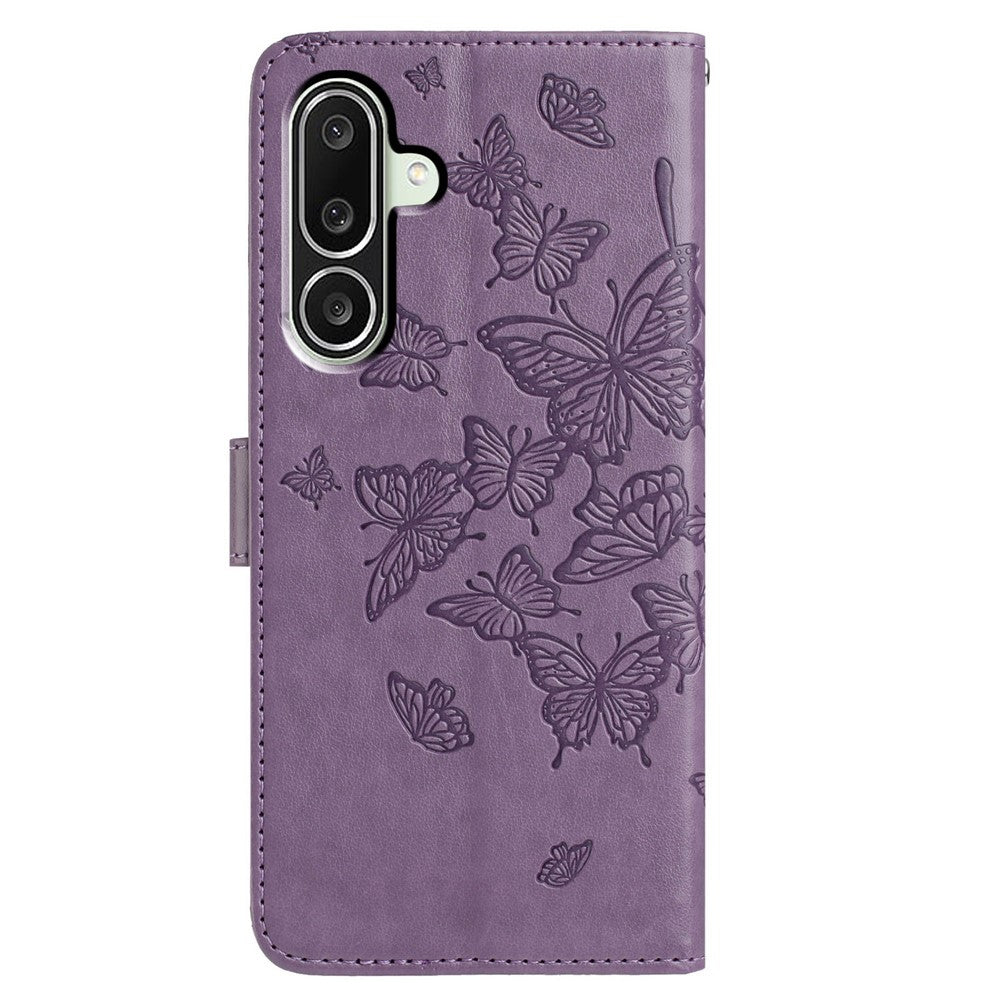 For Samsung Galaxy M56 5G Case Butterfly Imprinted Wallet Stand PU Leather Flip Phone Cover with Strap - Purple