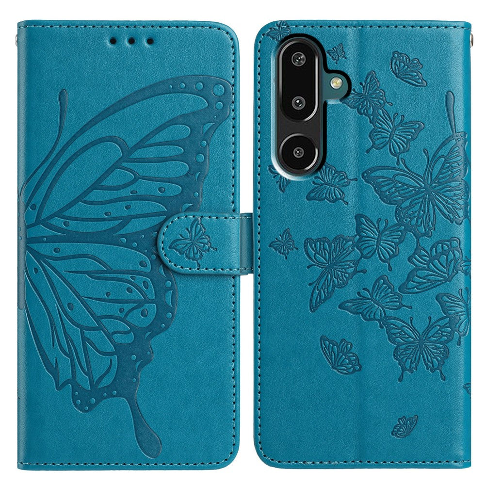 For Samsung Galaxy M16 5G / F16 5G Case Butterfly Imprinted Wallet Stand PU Leather Flip Phone Cover with Strap - Blue