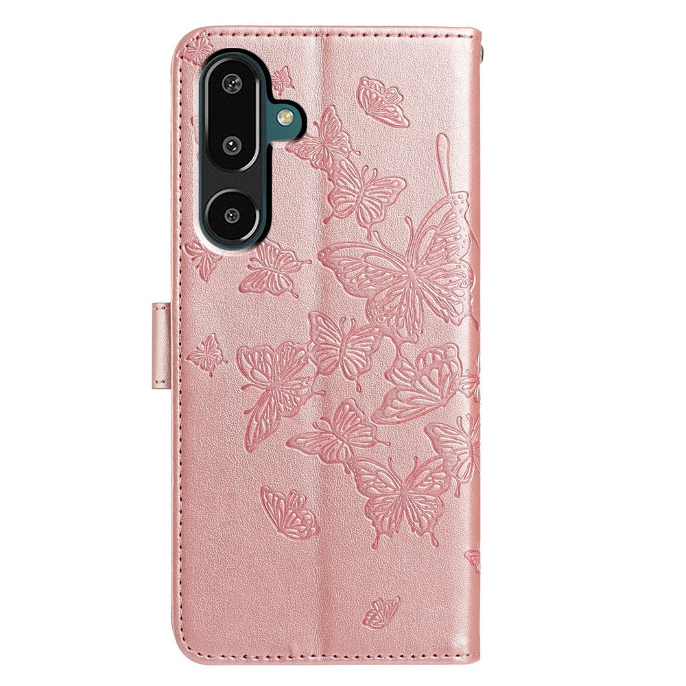 For Samsung Galaxy M16 5G / F16 5G Case Butterfly Imprinted Wallet Stand PU Leather Flip Phone Cover with Strap - Rose Gold