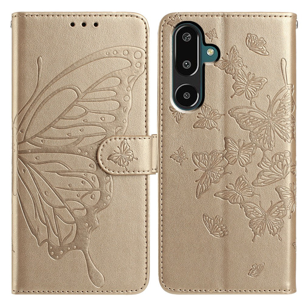 For Samsung Galaxy M16 5G / F16 5G Case Butterfly Imprinted Wallet Stand PU Leather Flip Phone Cover with Strap - Gold