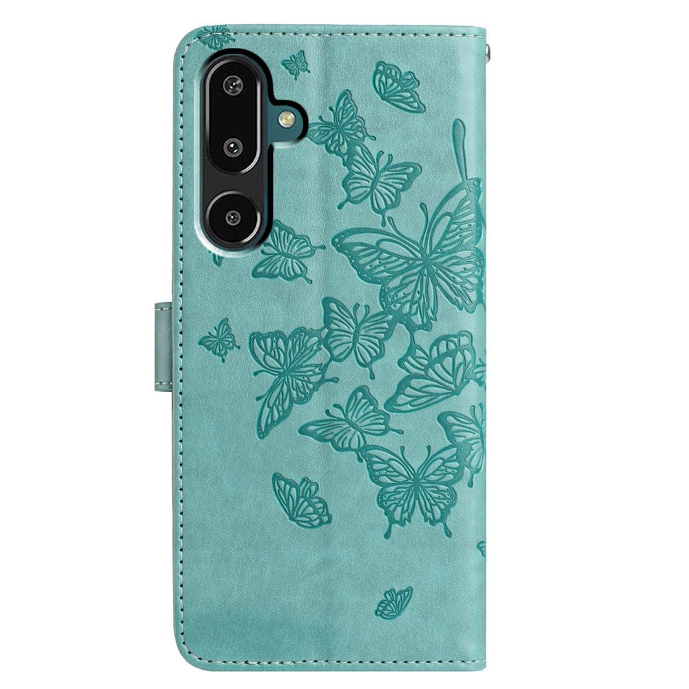 For Samsung Galaxy M16 5G / F16 5G Case Butterfly Imprinted Wallet Stand PU Leather Flip Phone Cover with Strap - Green