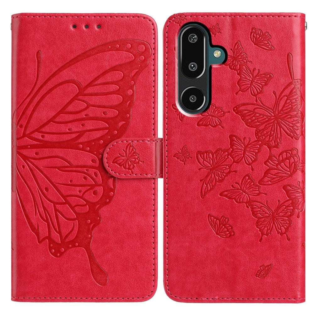 For Samsung Galaxy M16 5G / F16 5G Case Butterfly Imprinted Wallet Stand PU Leather Flip Phone Cover with Strap - Red