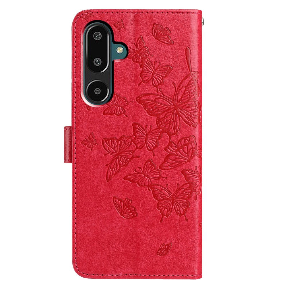 For Samsung Galaxy M16 5G / F16 5G Case Butterfly Imprinted Wallet Stand PU Leather Flip Phone Cover with Strap - Red