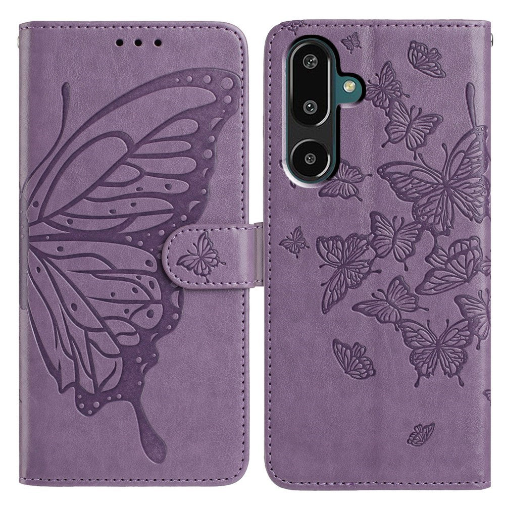 For Samsung Galaxy M16 5G / F16 5G Case Butterfly Imprinted Wallet Stand PU Leather Flip Phone Cover with Strap - Purple