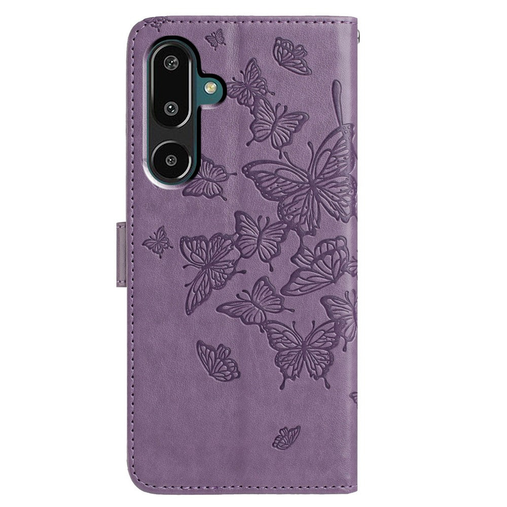 For Samsung Galaxy M16 5G / F16 5G Case Butterfly Imprinted Wallet Stand PU Leather Flip Phone Cover with Strap - Purple