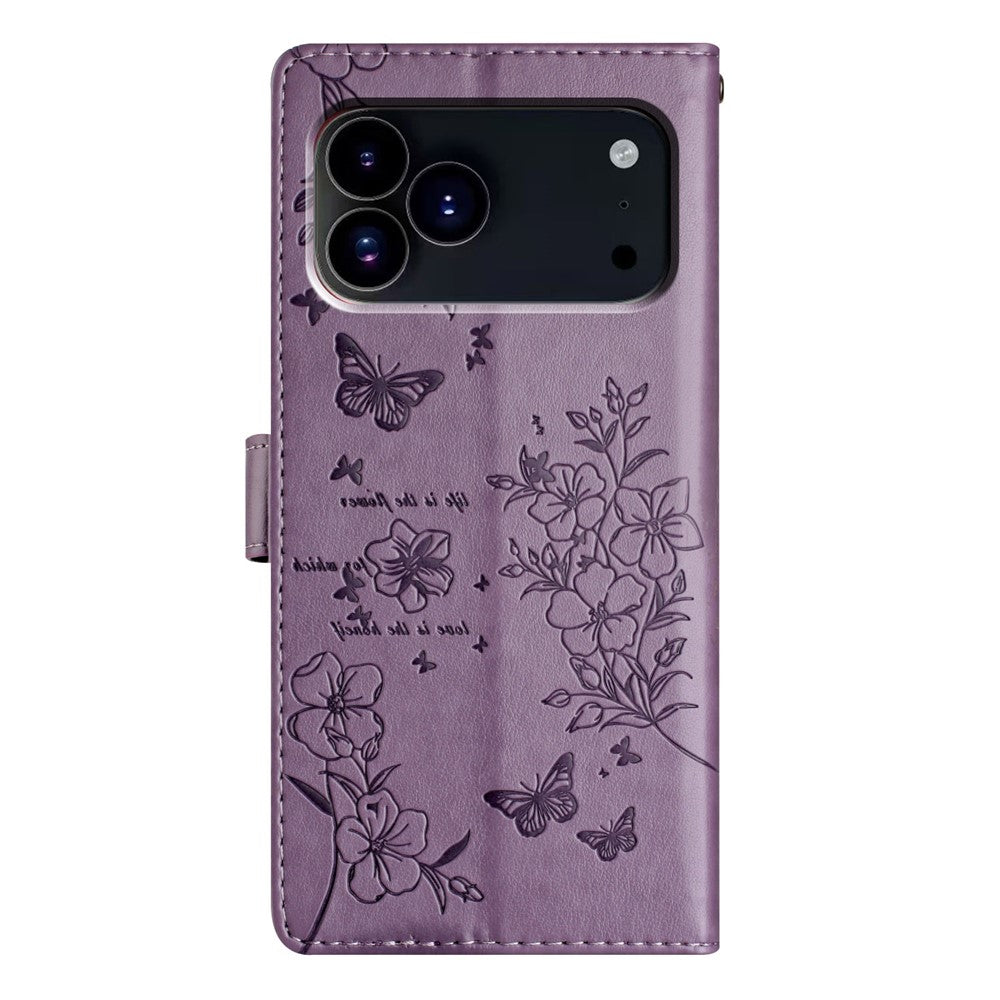 For iPhone 17 Pro Max Wallet Phone Case Butterfly Floral Imprint Leather Flip Cover with Strap - Purple