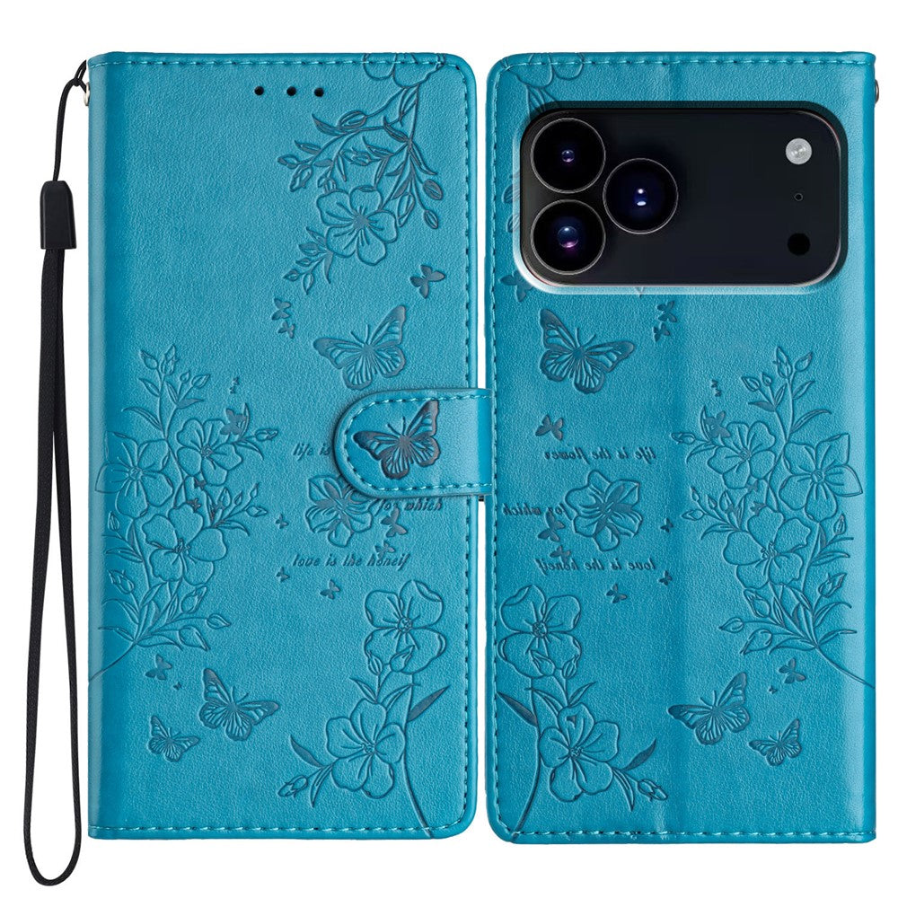 For iPhone 17 Pro Max Wallet Phone Case Butterfly Floral Imprint Leather Flip Cover with Strap - Blue