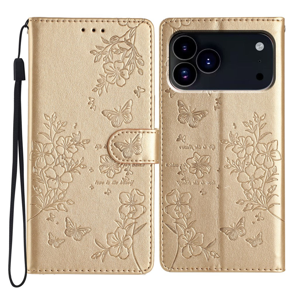 For iPhone 17 Pro Max Wallet Phone Case Butterfly Floral Imprint Leather Flip Cover with Strap - Gold