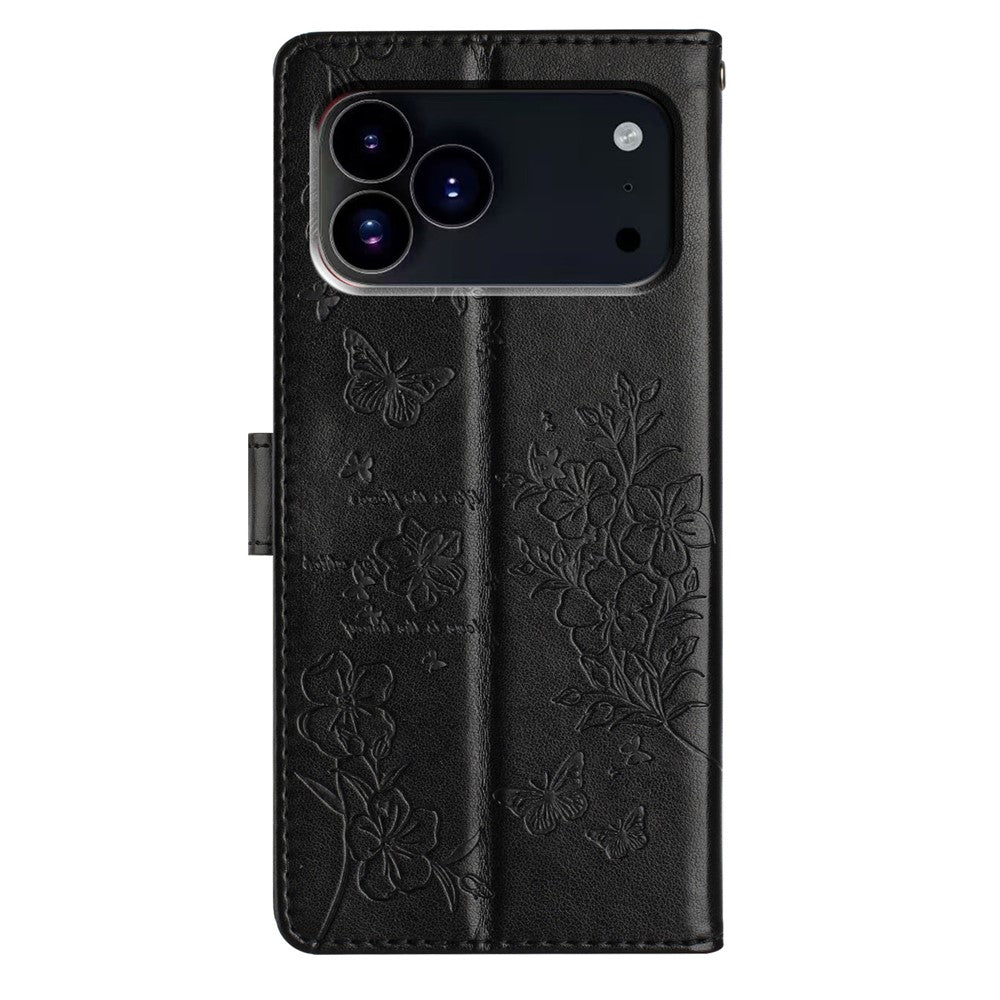 For iPhone 17 Pro Max Wallet Phone Case Butterfly Floral Imprint Leather Flip Cover with Strap - Black