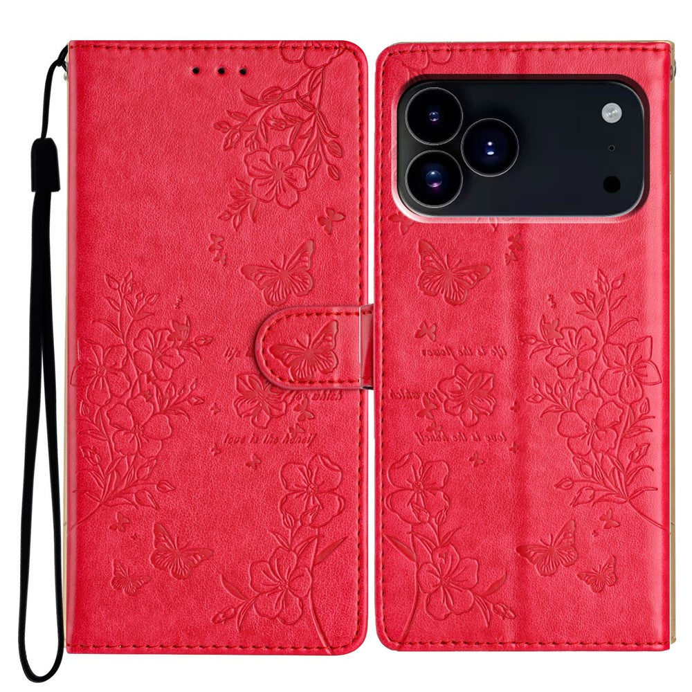 For iPhone 17 Pro Max Wallet Phone Case Butterfly Floral Imprint Leather Flip Cover with Strap - Red