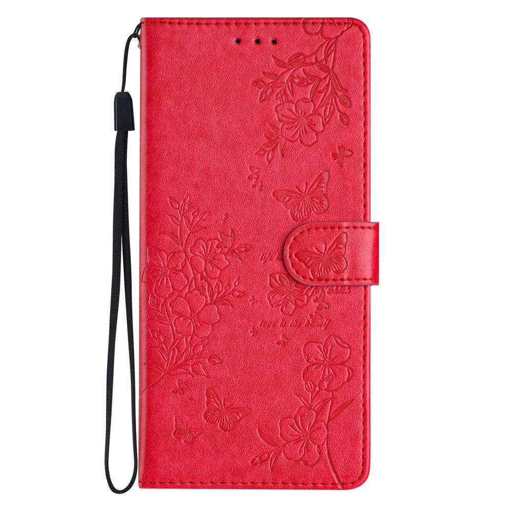 For iPhone 17 Pro Max Wallet Phone Case Butterfly Floral Imprint Leather Flip Cover with Strap - Red