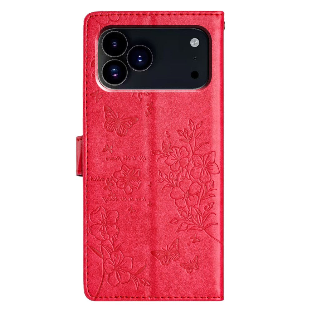 For iPhone 17 Pro Max Wallet Phone Case Butterfly Floral Imprint Leather Flip Cover with Strap - Red