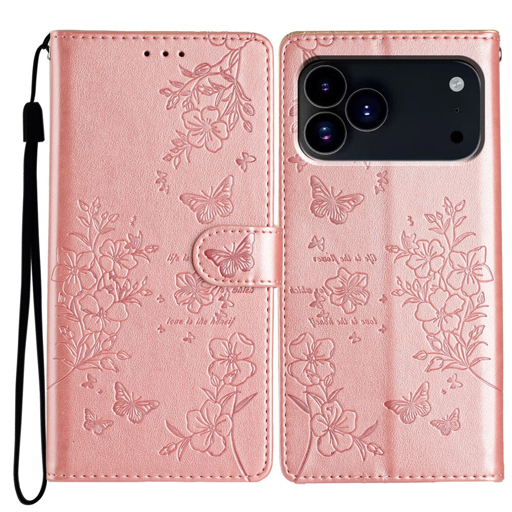 For iPhone 17 Pro Max Wallet Phone Case Butterfly Floral Imprint Leather Flip Cover with Strap - Rose Gold