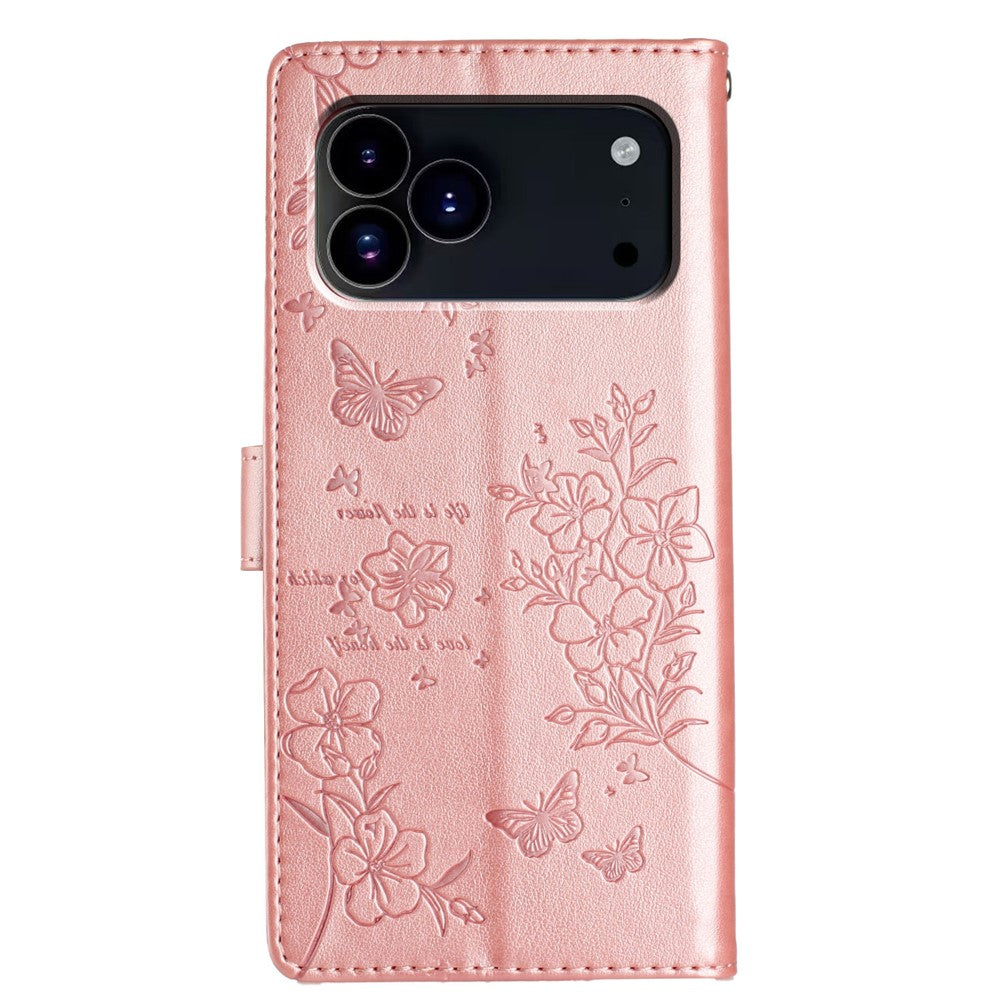For iPhone 17 Pro Max Wallet Phone Case Butterfly Floral Imprint Leather Flip Cover with Strap - Rose Gold