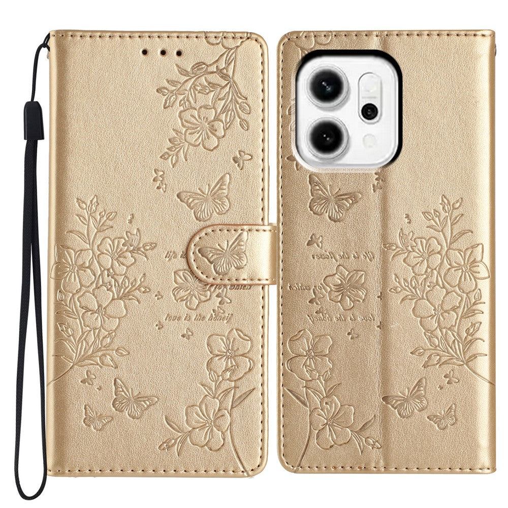 For Oppo Reno14 Pro 5G (Global) Wallet Phone Case Butterfly Floral Imprint Leather Flip Cover with Strap - Gold