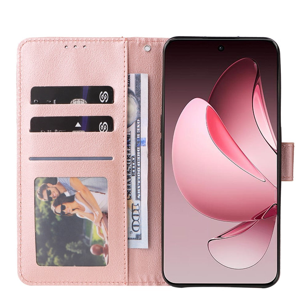For Oppo Reno13 5G (Global) Case Wallet Stand View PU Leather Phone Cover with Wrist Strap - Rose Gold