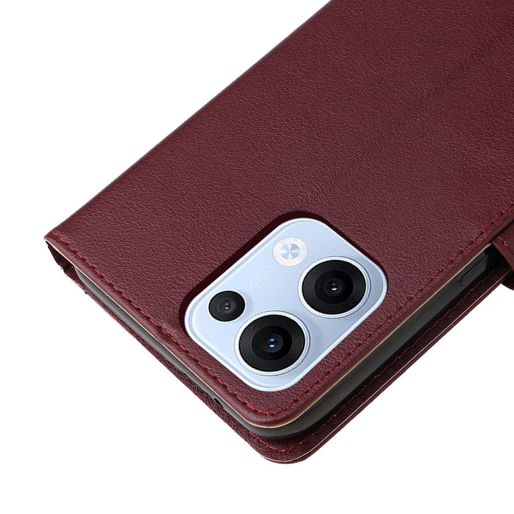 For Oppo Reno13 5G (Global) Case Wallet Stand View PU Leather Phone Cover with Wrist Strap - Wine Red